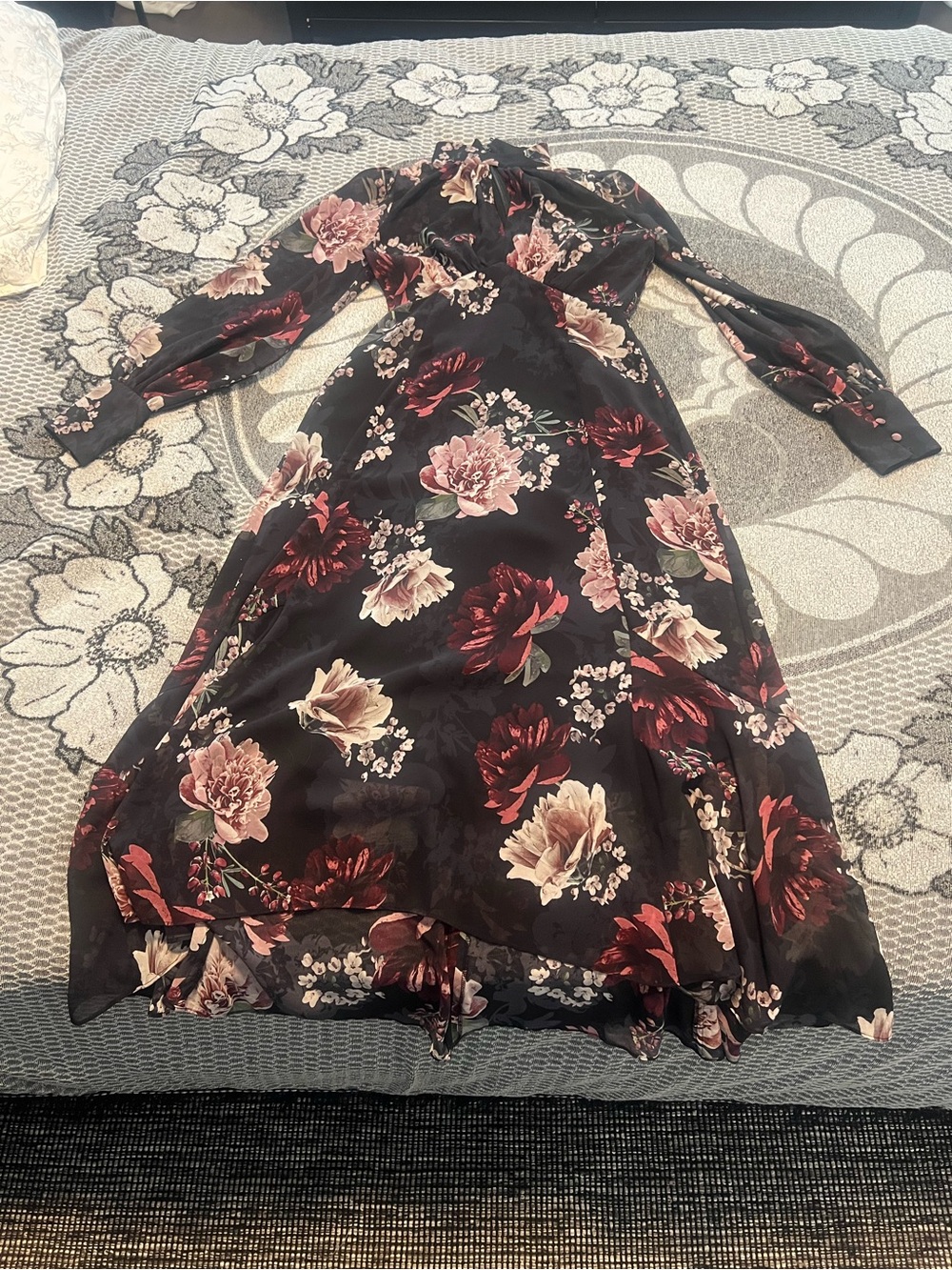 Ever New Black Midi Dress with Rose and Pink Floral Print